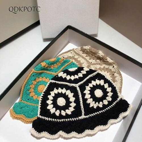 2021 Hat Autumn Winter New Women Hollow Out Knitting Bucket Hats Fashion Ghost Horse Crochet Casual Cute Loli Basin Cap QDKPOTC