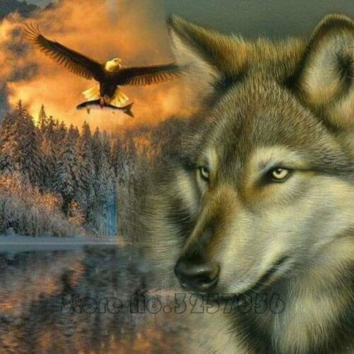 Diy Diamond Painting Cross Stitch Diamond Mosaic Needlework Crafts Full Diamond Embroidery Animal The Wolf and Eagle Home Decor
