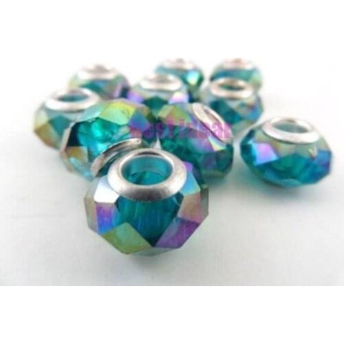Free Shipping 50pcs Dark green AB Cut &Faceted Glass Beads Big Hole Fit European Charms Bracelet 14x8mm