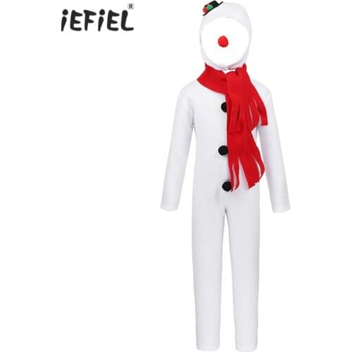Unisex Kids Boys Girls Christmas Snowman Dress Costume Fancy Outfits White Long Sleeves Cosplay Jumpsuit with Hat Red Nose Scarf