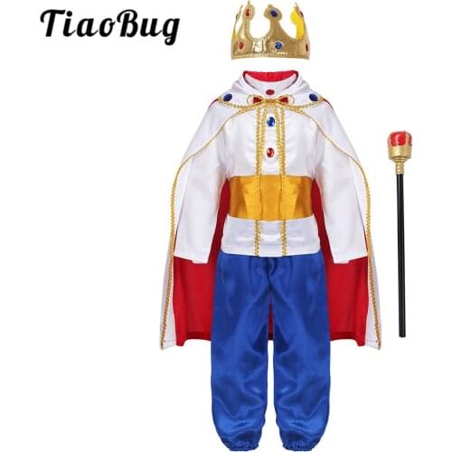 TiaoBug Kids Boys Halloween Cosplay Dress Up Medieval King Costume Prince Cloak Crown Scepter Set Carnival Roleplay Party Outfit