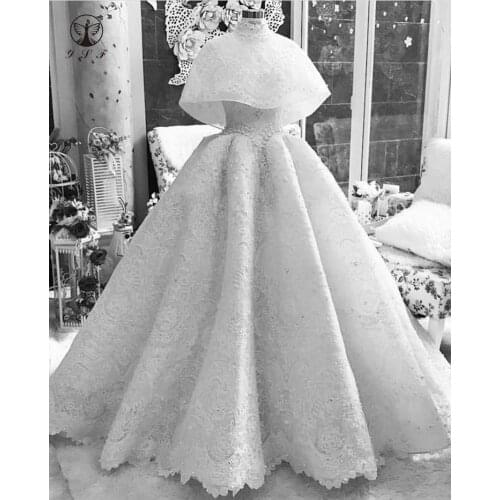 Elegant Vestidos De Novias High Collar Beaded Pearls A Line Lace Muslim Wedding Dresses 2021