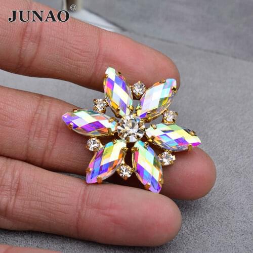 JUNAO 2pcs 36mm Big Crystal AB Flower Rhinestone Sew On Glass Strass Applique Gold Claw Crystal Stones for Dress Shoes Crafts