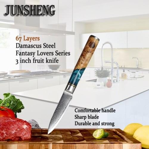 JUNSHNEG 3-inch multi-function paring knife fruit knife 67 layers Damascus steel blade resin + wooden handle utility chef knife