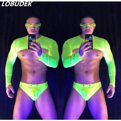 Sexy DJ Pole Dancing Gogo Costume Men Fluorescence Green Tops Shorts Outfit Dancer Groups Stage Wear Party Rave Show Clothes