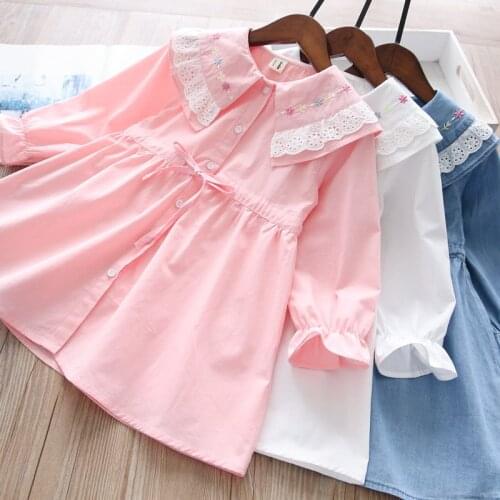 Girls' lace flower embroidered lapel single-breasted long sleeve princess dress children dresses wholesale