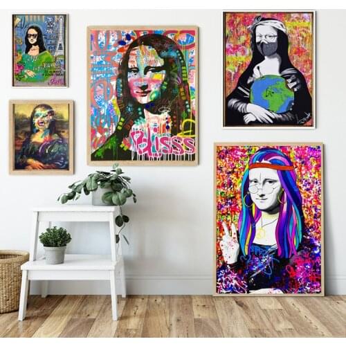 Mona Lisa Street Graffiti Art Canvas Abstract Painting Interesting Mural Art Posters for Living Room Home Decoration Pictures
