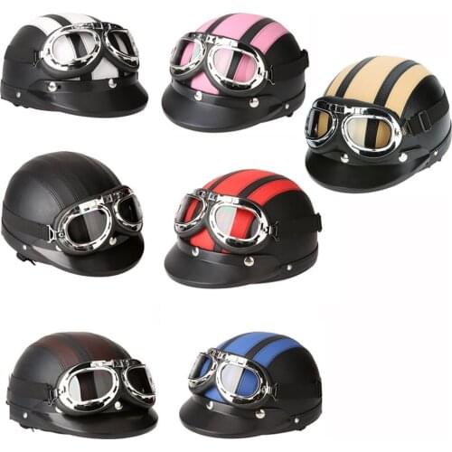 Motorcycle Scooter Open Face Half Leather Helmet with Visor UV Goggles Retro Vintage Style 54-60cm for Security Accessories