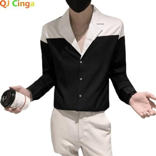 QJ CINGA Brand New Shirt Mens Black White Stitching V-Neck Shirts Men Long Sleeved Single Breasted Chemise Spring Autumn Camisa