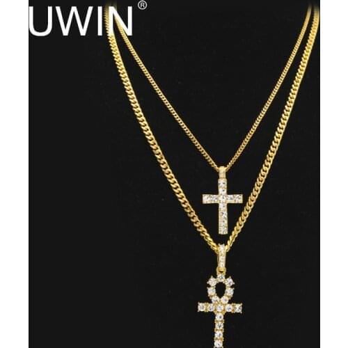 UWIN Gold Egyptian Ankh With Cross Necklace Set Bling Rhinestone Crystal Key To Life Egypt Cross Necklace Hip Hop Jewelry Set