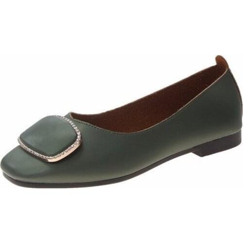 2020 New Commuter Square Head Flat Shoes Womens Shoes Leather Low Mouth Three Colors Metal Decoration Super Soft Leather B21-02