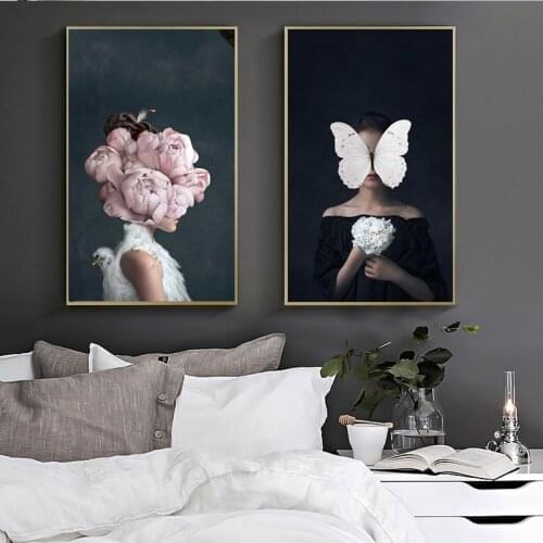Larger Size Nordic Poster Canvas Print Flowers Butterfly Woman Oil Painting Wall Art Pictures For Living Room Home Decor