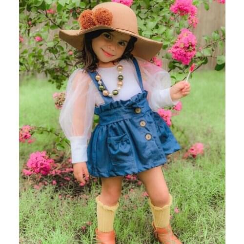 OPPERIAYA Summer Solid Color Clothes Casual Set Baby Girls Long Mesh Sleeve O-neck T-shirt Denim Suspender Skirt with Ruffles