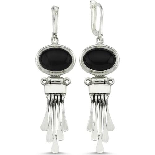 Silverlina Silver Onyx Gemstone Dangle Hand Handwork Earrings
