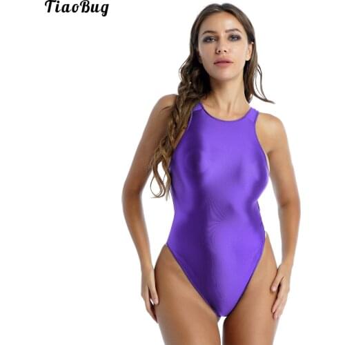 TiaoBug Women Summer Solid Color Glossy One-Piece Swimsuit Ladies Cutout Back Bodysuit Stretchy Tights Leotard Swimwear