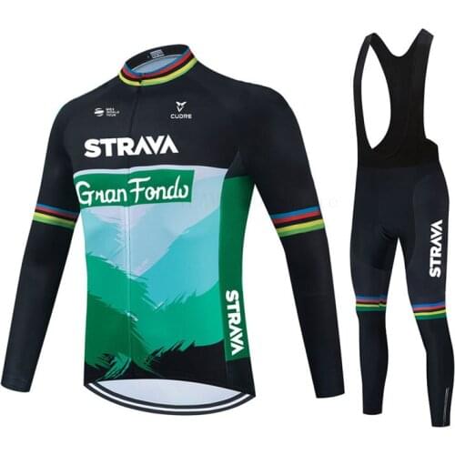 2021 STRAVA Team Long Sleeve Cycling Jersey Set Bib Pants Ropa Ciclismo Bicycle Clothing MTB Bike Jersey Uniform Men Clothes