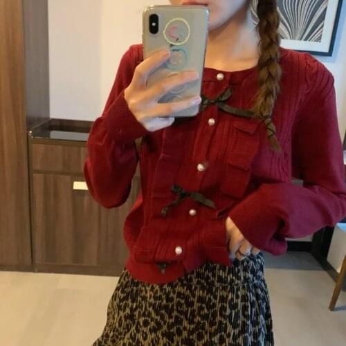 Vintage Burgundy Bow Single Breasted O-neck Sweet Cardigans Women Knitted New Year Ruffles Korean Style Girls Leisure Sweaters