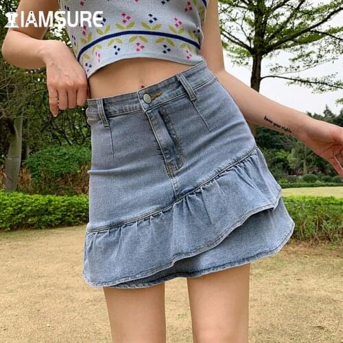 IAMSURE Preppy Style Ruffles Denim Skirt With Short Women 2021 Fashion Y2K Sweet Slim High Waisted Mini Skirt Casual Streetwear