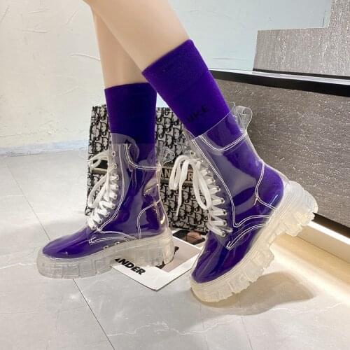 2021 Fashion Women Pu Transparent Platform Boots Waterproof Ankle Boots Feminine Clear Heel Short Boots Sexy Female Rain Shoes