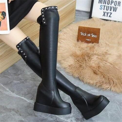 Thick Bottomed Over The Knee Boots Womens Slope Heel Height Increasing Elastic Leather Shoes Autumn Winter New Slim Long Bootie