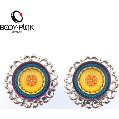 BODY PUNK Ear Plugs Blue Floral Pattern Piercing Ear Expanders Acrylic Ear Plug Earrings Gauges 6mm-16mm Body Piercing Jewelry