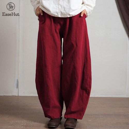 EaseHut Women Cotton Linen Wide Leg Pants Elastic Waist Pockets Casual Summer Loose Harem Baggy Pants Trousers Palazzo