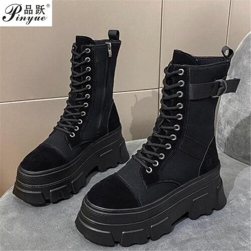 Women High Top Sneakers Platform Ankle Boots Black Trendy Boots Knight boot thick-soled side zipper boot