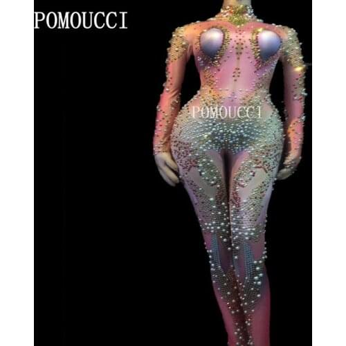 2020 Women New Female Singer DJ Multicolor Shining Rhinestone Pearl Stretch Sexy Jumpsuit Base Long Siamese Adult Stage Costume