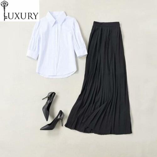 Korean Fashion Clothing New Sets 2020 Summer Ladies Turn-down Collar White Shirts+High Waist Floor Length Long Skirt Set Casual