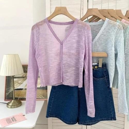 Summer Cardigan Women Knit Indoor V-Neck Button Solid Casual See Through Crop Top Korean Thin Loose Light Color Cute Beach Hot