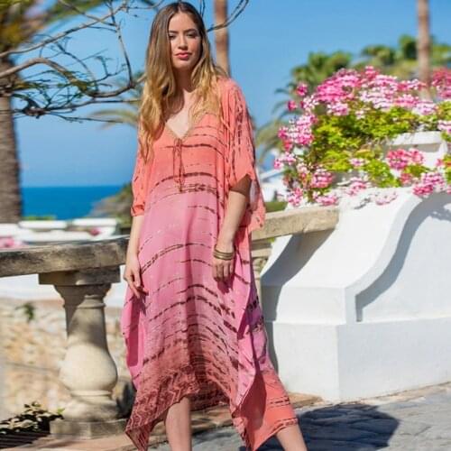New Boho Beach Kaftan Dress Women Gradient Pink Color Maxi Dress Resortwear Robe Stylish Full Length Tunic Coverup V-neck Gown