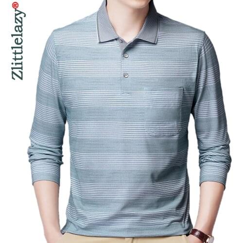 2021 Pocket Long Sleeve Polo Tee Shirt Men Casual Striped Mens Clothing Polos Shirts Mens Fashion Slim Fit Poloshirt Tops 4594