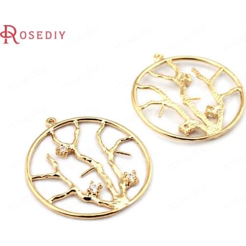 33688)6PCS 24*22MM 24K Gold Color Brass with Zircon Round Tree Charms Pendants High Quality Diy Jewelry Findings Accessories