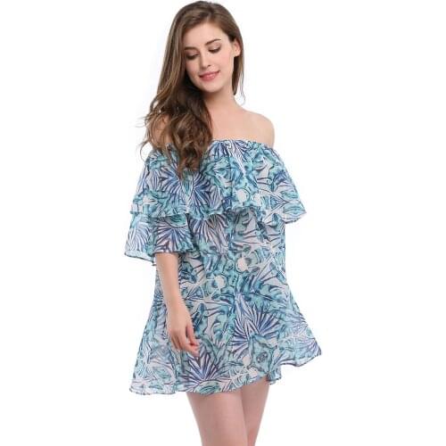 Free Shipping Floral Print Strapless Off-the-shoulder Lace-up Loose A-line Halter Long Sleeve Beach Dress Blue 3S4644