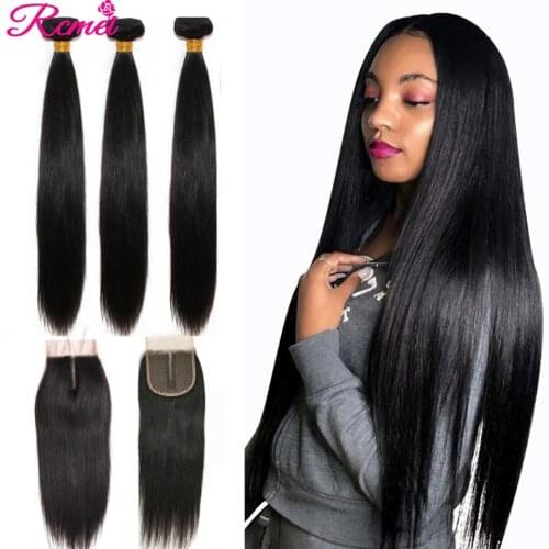 Brazilian 38 40 Straight Human Hair Bundles with Closure 3 Bundles With Middle Part Lace Closure 4*4 Remy Human Hair Bundles