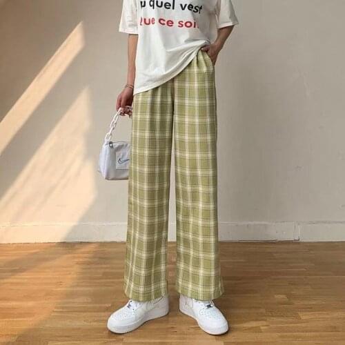 Plus Size New Korean Style Plaid Pants Spring Fashion 2021 Wide Leg Pant Women Lattice Print High Waist Plus Size Pants Women