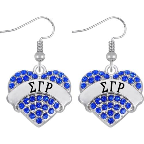 Exquisite crystal inlay metal engraving SIGMA GAMMA RHO Greek letter heart pendant earring FIT sorority society jewelry eardrop