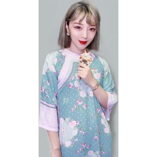 Chinese Dress Light Blue Printing Qipao Bear Girl Cheongsam Qipao Dress Retro Cheongsams Long Skirt Traditional China Clothing