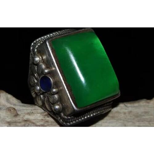 Collection Chinese old Tibetan silver inlaid greenstone jade ring