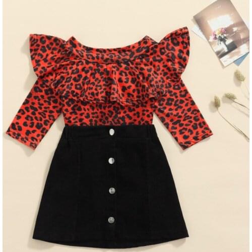 Baby Girls Clothes Set Spring Autumn, Leopard Print Long Sleeve Off-shoulder Ruffles Tops+Solid Color Short A-line Skirt