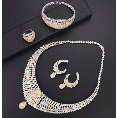 LARRAURI 4PCS Luxury CZ Statement Necklace Earrings Bangle Rings For Women Jewelry Sets Dubai Women Bride Wedding Accessories