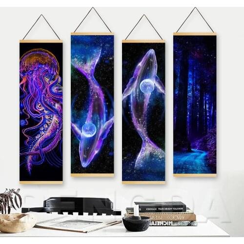 Fashion Kids Room Forest Dream Whale Jellyfish Wall Hanging Pictures Nordic Home Decor Painting Canvas Art Printed Scroll Poster
