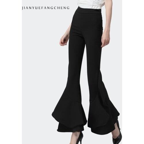 Fashion Ladies Black Flare Pants Elegant Ruffles Casual Long Trousers Pants 2020 Spring New Korean Style Boot Cut Women Pants