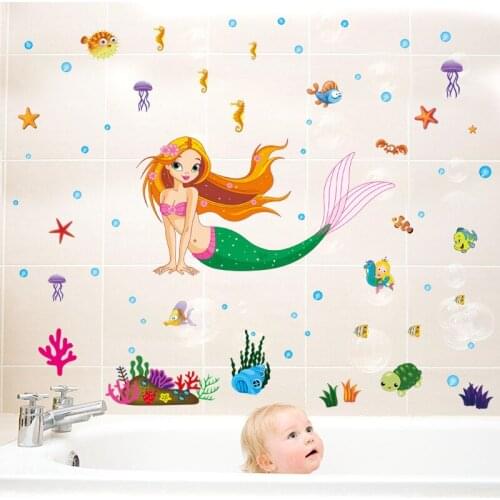Cartoon Underwater Mermaid Fish Wall Stickers For Kids Rooms Wall Decal Mural Art Poster Bedroom Bathroom Nursery Wall Decor