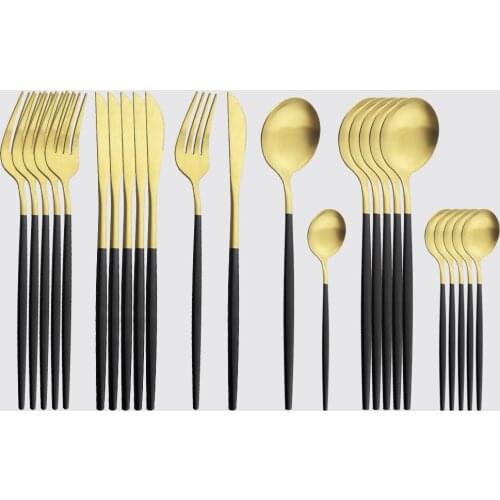 24Pcs Stainless Steel Matte Black Gold Dinnerware Set Knife Fork Coffee Spoon Cutlery Set Kitchen Tableware Silverware Set