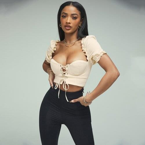 2021 summer new fashion womens short-sleeved square neck sexy low-cut umbilical strap solid color T-shirt women INS style