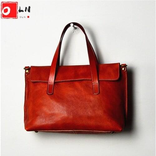 OLN Women Vintage Designer Top-handle Bags Retro Vegetable Tanned Leather Female Satchel Bag Luxury Ladies Tote Handbag 2021 New