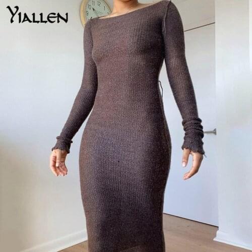Yiallen Autumn Solid Knitting Dress Women Slim O Neck Full Sleeve Casual Street Fashion Lady Elastic Long Bodycon Dresses