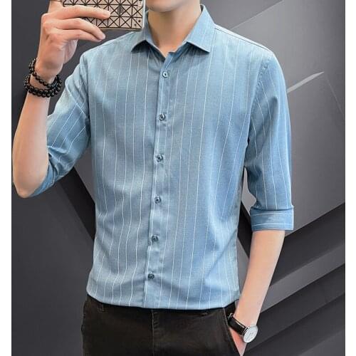 Plus Size 4XL-M Summer Half Sleeve Men Work Shirts Striped Simple All Match Stretched Slim Fit Casual Office Blouse Homme Sale