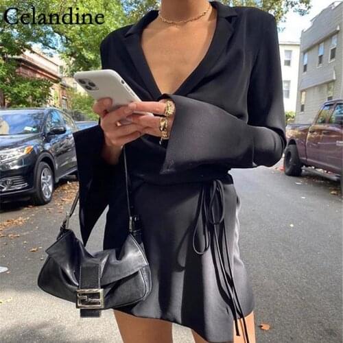 Celandine Black White Sexy V Neck Mini Dress Women High Waist Long Sleeve Bandage Dresses Ladies Satin Robe Autumn Winter 2020